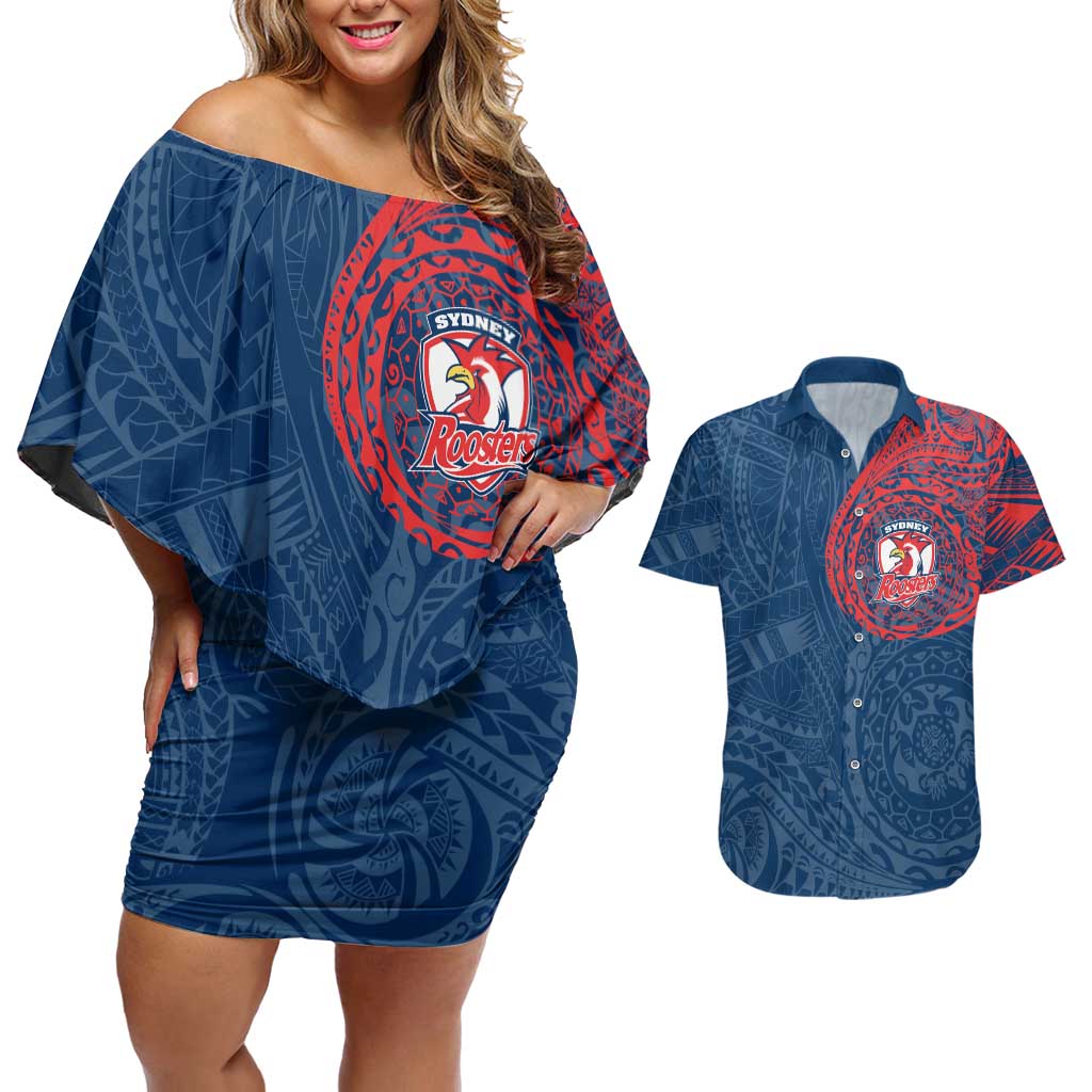 Personalized Sydney Roosters Couples Matching Off Shoulder Short Dress and Hawaiian Shirt Polynesian Tribal Chest and Sleeve Tattoo