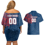 Personalized Sydney Roosters Couples Matching Off Shoulder Short Dress and Hawaiian Shirt Polynesian Tribal Chest and Sleeve Tattoo