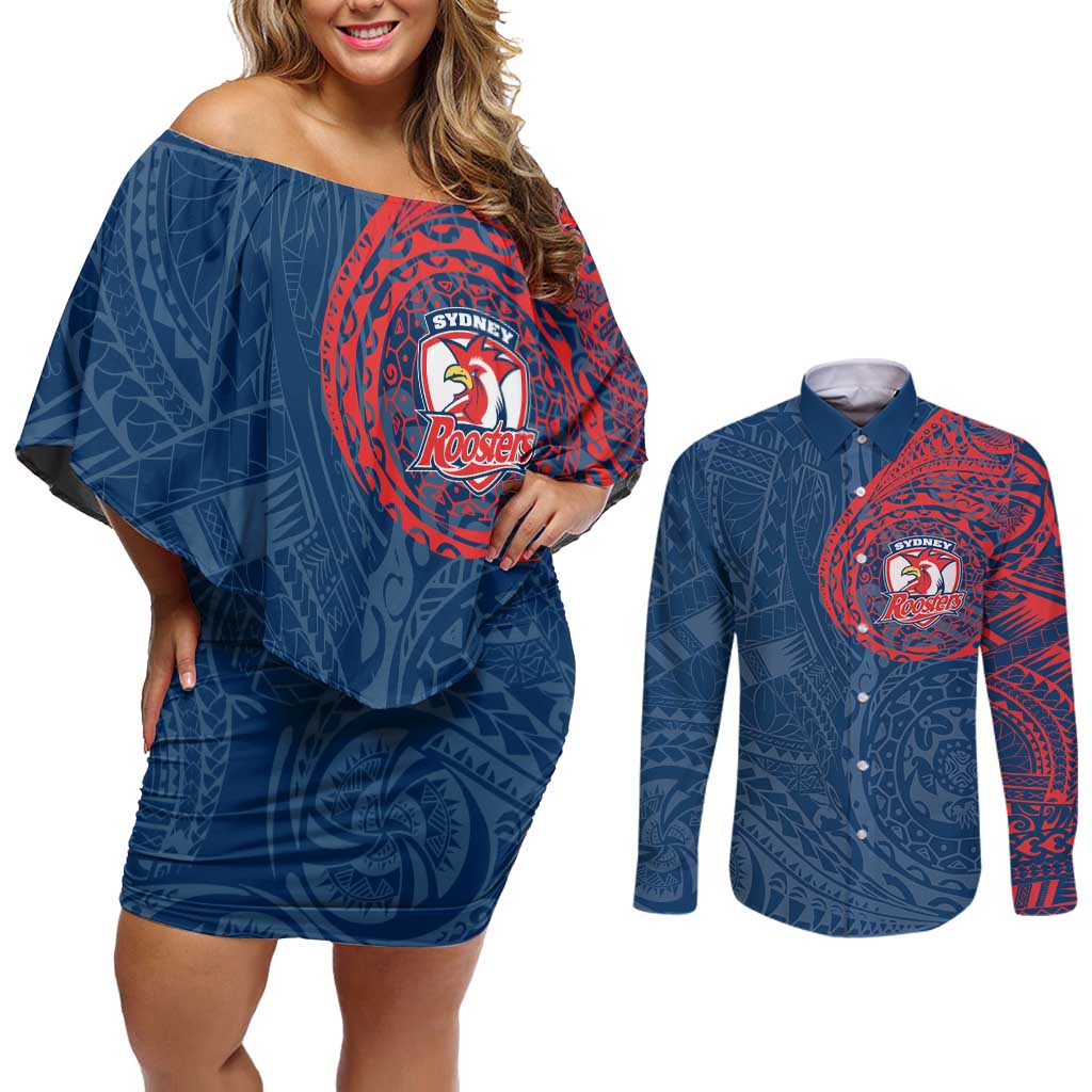 Personalized Sydney Roosters Couples Matching Off Shoulder Short Dress and Long Sleeve Button Shirt Polynesian Tribal Chest and Sleeve Tattoo