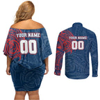 Personalized Sydney Roosters Couples Matching Off Shoulder Short Dress and Long Sleeve Button Shirt Polynesian Tribal Chest and Sleeve Tattoo