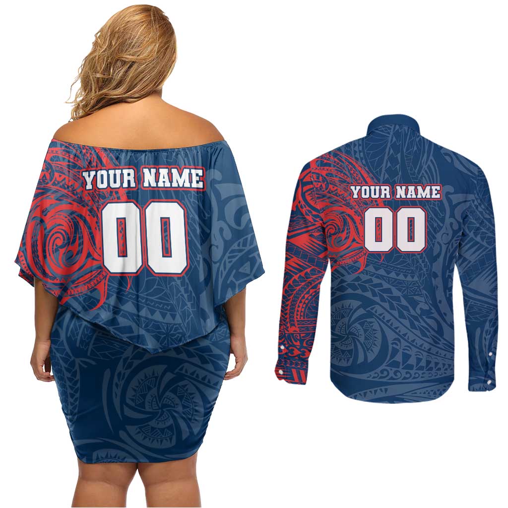 Personalized Sydney Roosters Couples Matching Off Shoulder Short Dress and Long Sleeve Button Shirt Polynesian Tribal Chest and Sleeve Tattoo