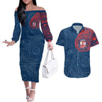 Personalized Sydney Roosters Couples Matching Off The Shoulder Long Sleeve Dress and Hawaiian Shirt Polynesian Tribal Chest and Sleeve Tattoo