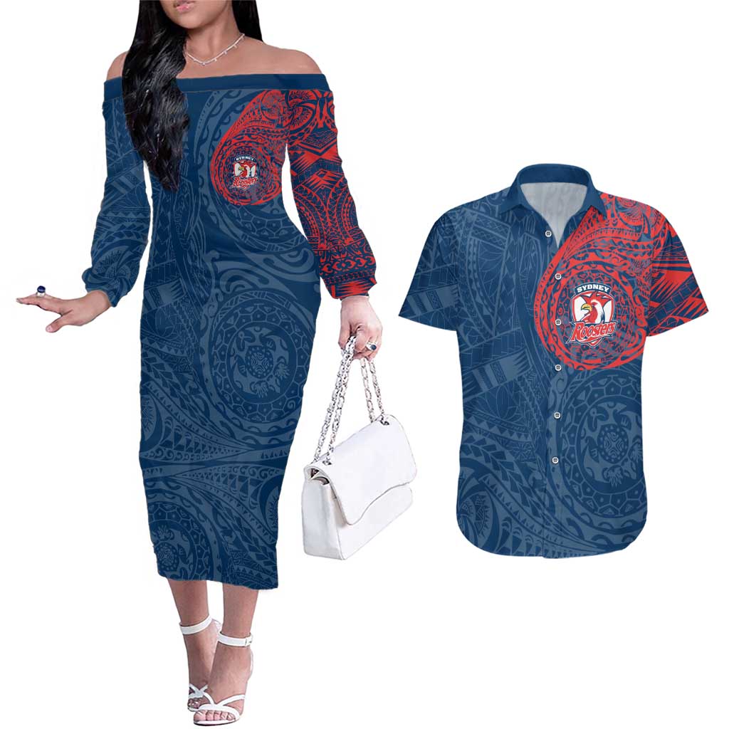 Personalized Sydney Roosters Couples Matching Off The Shoulder Long Sleeve Dress and Hawaiian Shirt Polynesian Tribal Chest and Sleeve Tattoo