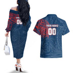 Personalized Sydney Roosters Couples Matching Off The Shoulder Long Sleeve Dress and Hawaiian Shirt Polynesian Tribal Chest and Sleeve Tattoo