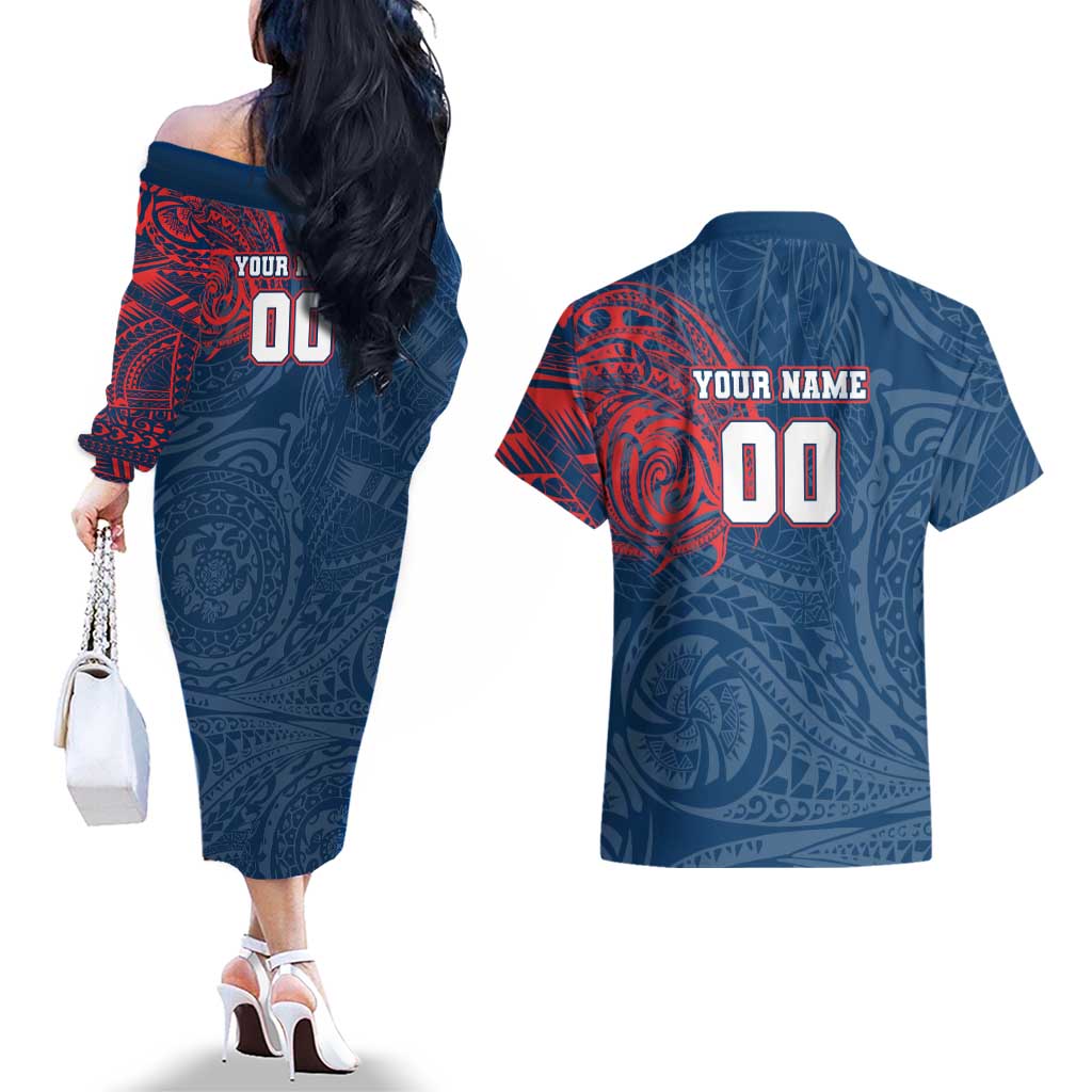 Personalized Sydney Roosters Couples Matching Off The Shoulder Long Sleeve Dress and Hawaiian Shirt Polynesian Tribal Chest and Sleeve Tattoo