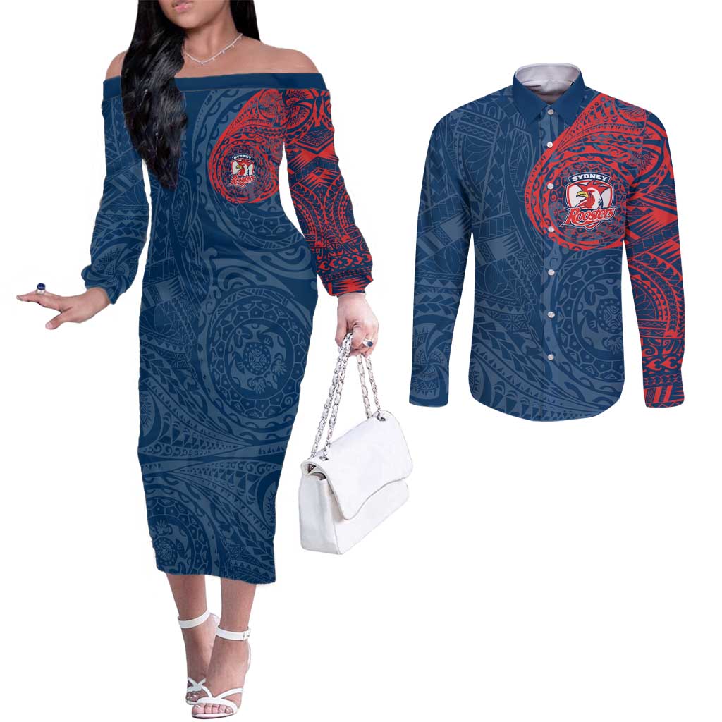 Personalized Sydney Roosters Couples Matching Off The Shoulder Long Sleeve Dress and Long Sleeve Button Shirt Polynesian Tribal Chest and Sleeve Tattoo