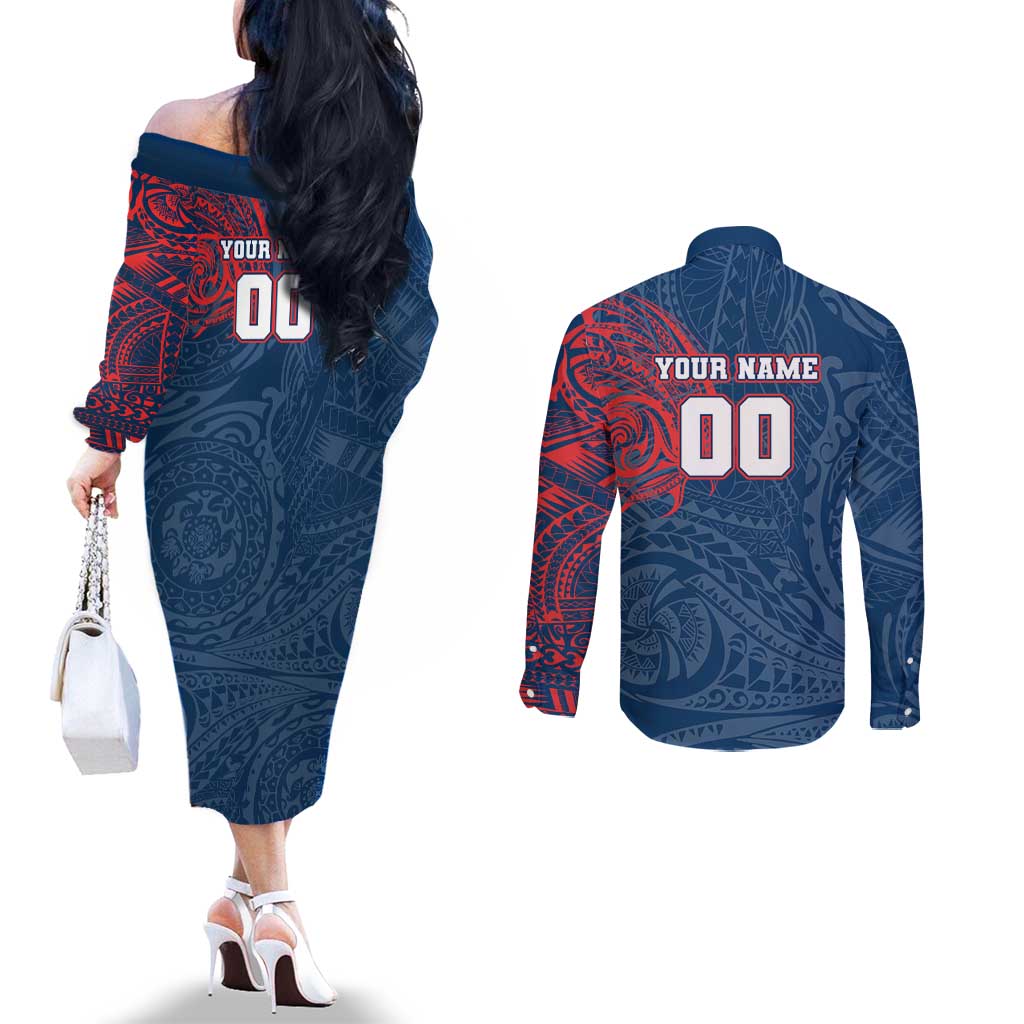 Personalized Sydney Roosters Couples Matching Off The Shoulder Long Sleeve Dress and Long Sleeve Button Shirt Polynesian Tribal Chest and Sleeve Tattoo