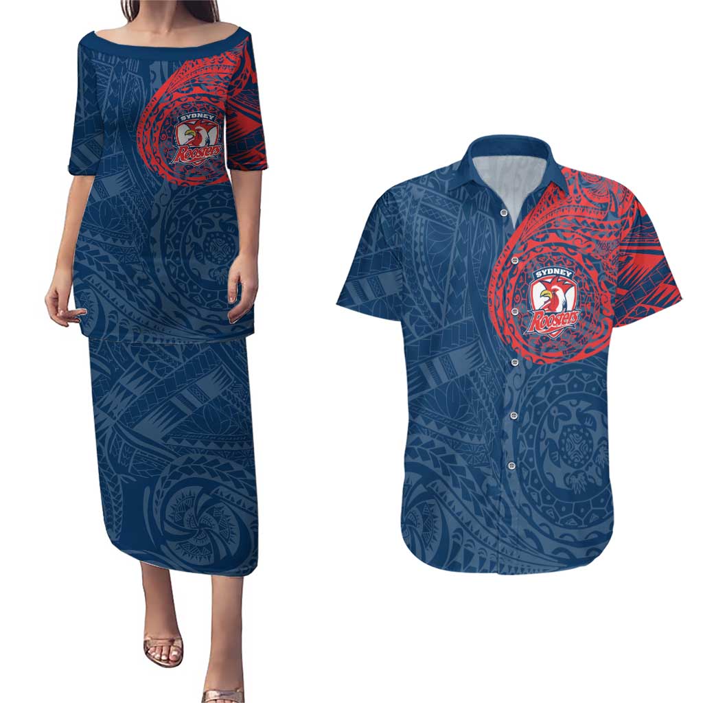 Personalized Sydney Roosters Couples Matching Puletasi and Hawaiian Shirt Polynesian Tribal Chest and Sleeve Tattoo