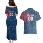 Personalized Sydney Roosters Couples Matching Puletasi and Hawaiian Shirt Polynesian Tribal Chest and Sleeve Tattoo