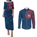 Personalized Sydney Roosters Couples Matching Puletasi and Long Sleeve Button Shirt Polynesian Tribal Chest and Sleeve Tattoo