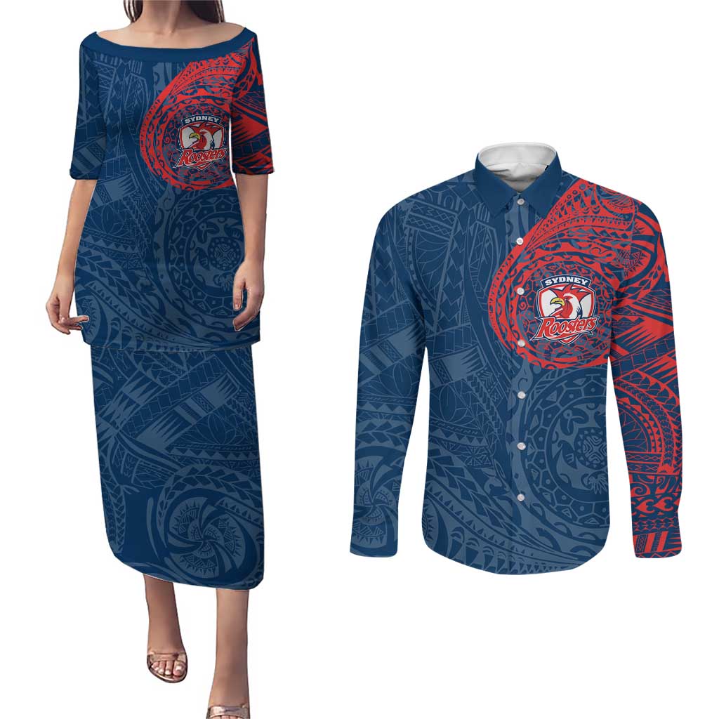 Personalized Sydney Roosters Couples Matching Puletasi and Long Sleeve Button Shirt Polynesian Tribal Chest and Sleeve Tattoo