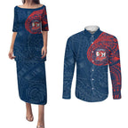 Personalized Sydney Roosters Couples Matching Puletasi and Long Sleeve Button Shirt Polynesian Tribal Chest and Sleeve Tattoo
