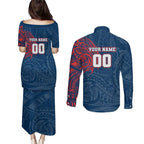 Personalized Sydney Roosters Couples Matching Puletasi and Long Sleeve Button Shirt Polynesian Tribal Chest and Sleeve Tattoo
