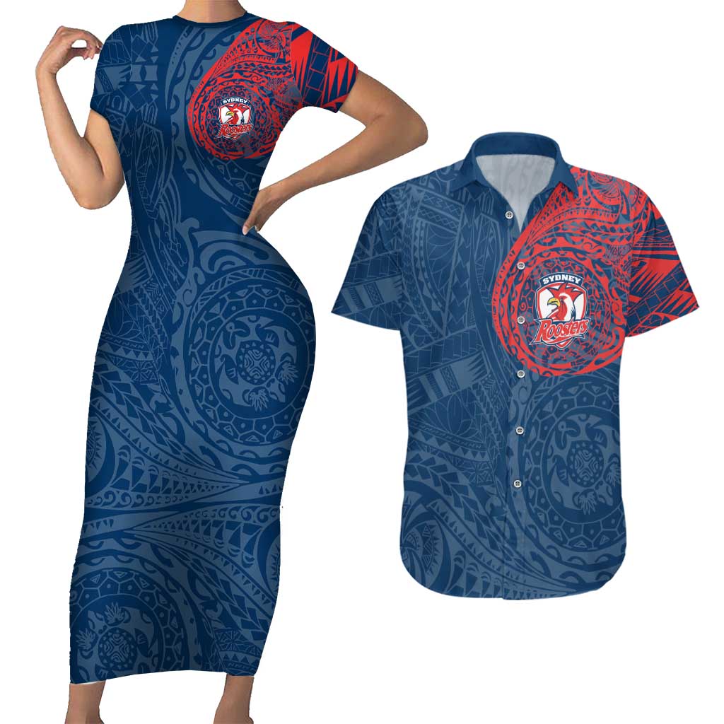 Personalized Sydney Roosters Couples Matching Short Sleeve Bodycon Dress and Hawaiian Shirt Polynesian Tribal Chest and Sleeve Tattoo