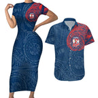 Personalized Sydney Roosters Couples Matching Short Sleeve Bodycon Dress and Hawaiian Shirt Polynesian Tribal Chest and Sleeve Tattoo