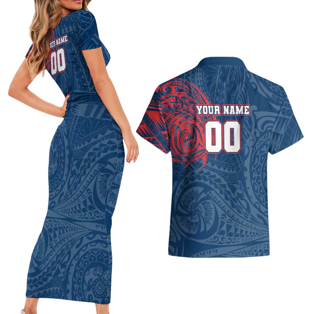 Personalized Sydney Roosters Couples Matching Short Sleeve Bodycon Dress and Hawaiian Shirt Polynesian Tribal Chest and Sleeve Tattoo