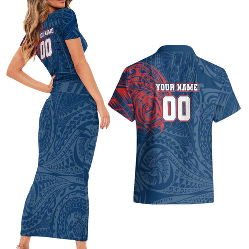 Personalized Sydney Roosters Couples Matching Short Sleeve Bodycon Dress and Hawaiian Shirt Polynesian Tribal Chest and Sleeve Tattoo