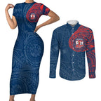 Personalized Sydney Roosters Couples Matching Short Sleeve Bodycon Dress and Long Sleeve Button Shirt Polynesian Tribal Chest and Sleeve Tattoo