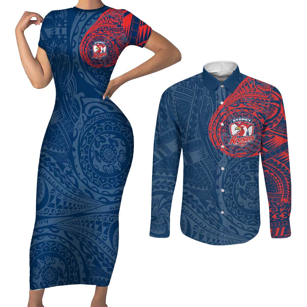 Personalized Sydney Roosters Couples Matching Short Sleeve Bodycon Dress and Long Sleeve Button Shirt Polynesian Tribal Chest and Sleeve Tattoo