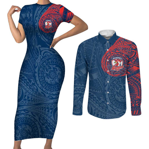 Personalized Sydney Roosters Couples Matching Short Sleeve Bodycon Dress and Long Sleeve Button Shirt Polynesian Tribal Chest and Sleeve Tattoo