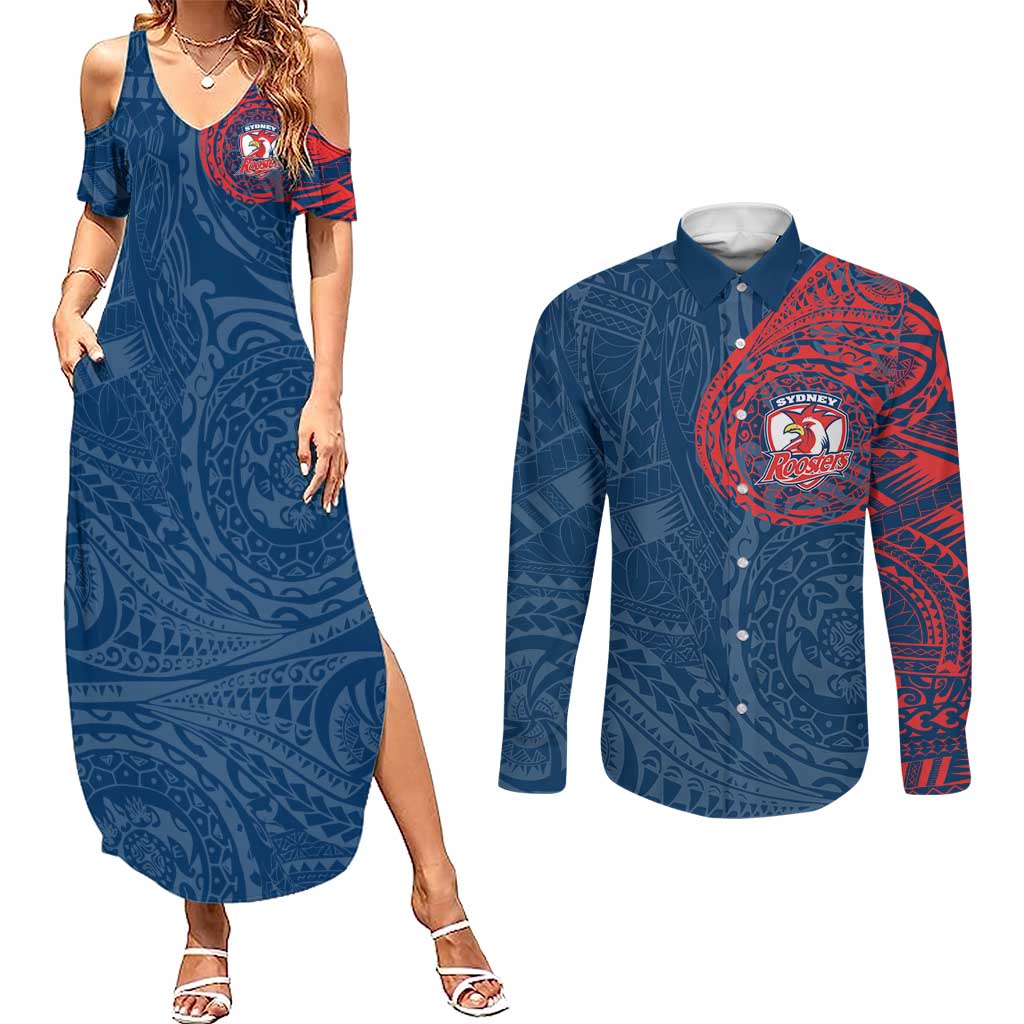 Personalized Sydney Roosters Couples Matching Summer Maxi Dress and Long Sleeve Button Shirt Polynesian Tribal Chest and Sleeve Tattoo