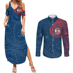 Personalized Sydney Roosters Couples Matching Summer Maxi Dress and Long Sleeve Button Shirt Polynesian Tribal Chest and Sleeve Tattoo