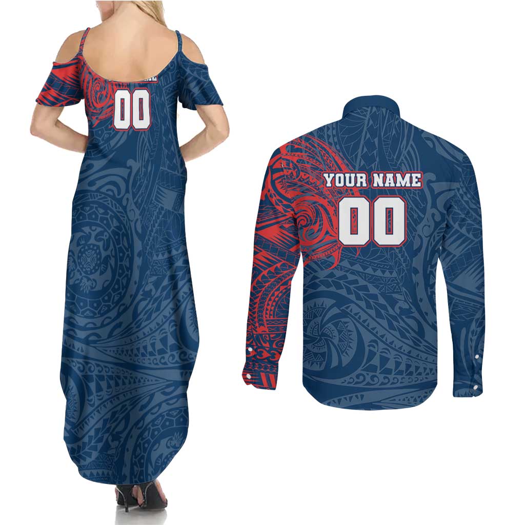 Personalized Sydney Roosters Couples Matching Summer Maxi Dress and Long Sleeve Button Shirt Polynesian Tribal Chest and Sleeve Tattoo