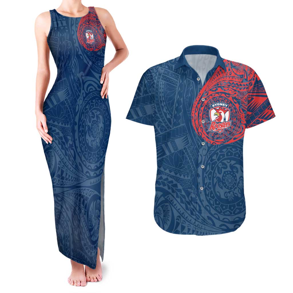 Personalized Sydney Roosters Couples Matching Tank Maxi Dress and Hawaiian Shirt Polynesian Tribal Chest and Sleeve Tattoo