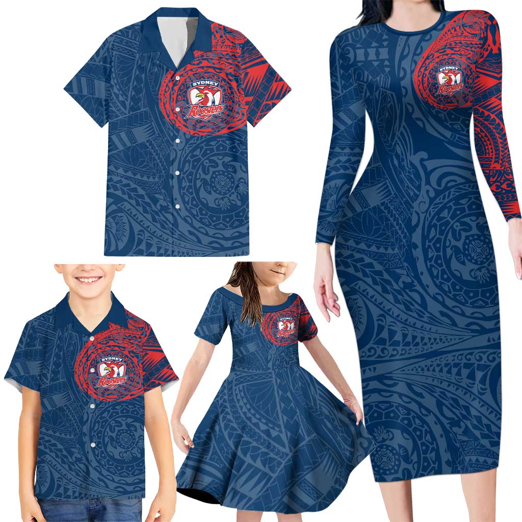 Personalized Sydney Roosters Family Matching Long Sleeve Bodycon Dress and Hawaiian Shirt Polynesian Tribal Chest and Sleeve Tattoo