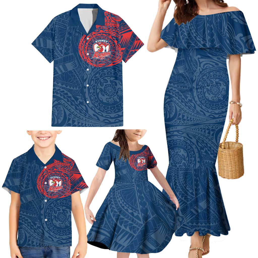 Personalized Sydney Roosters Family Matching Mermaid Dress and Hawaiian Shirt Polynesian Tribal Chest and Sleeve Tattoo