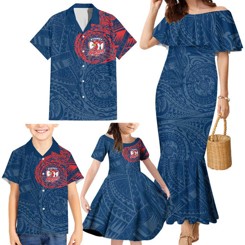 Personalized Sydney Roosters Family Matching Mermaid Dress and Hawaiian Shirt Polynesian Tribal Chest and Sleeve Tattoo