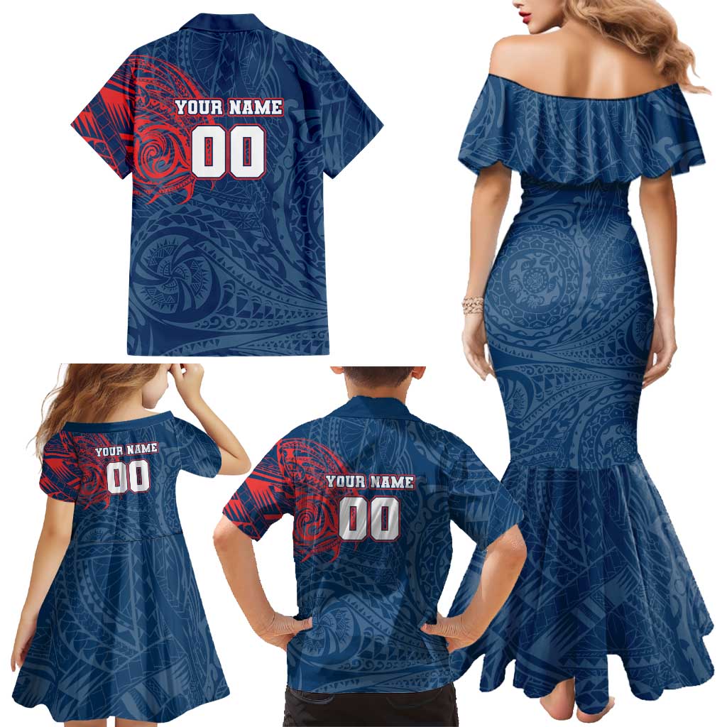 Personalized Sydney Roosters Family Matching Mermaid Dress and Hawaiian Shirt Polynesian Tribal Chest and Sleeve Tattoo