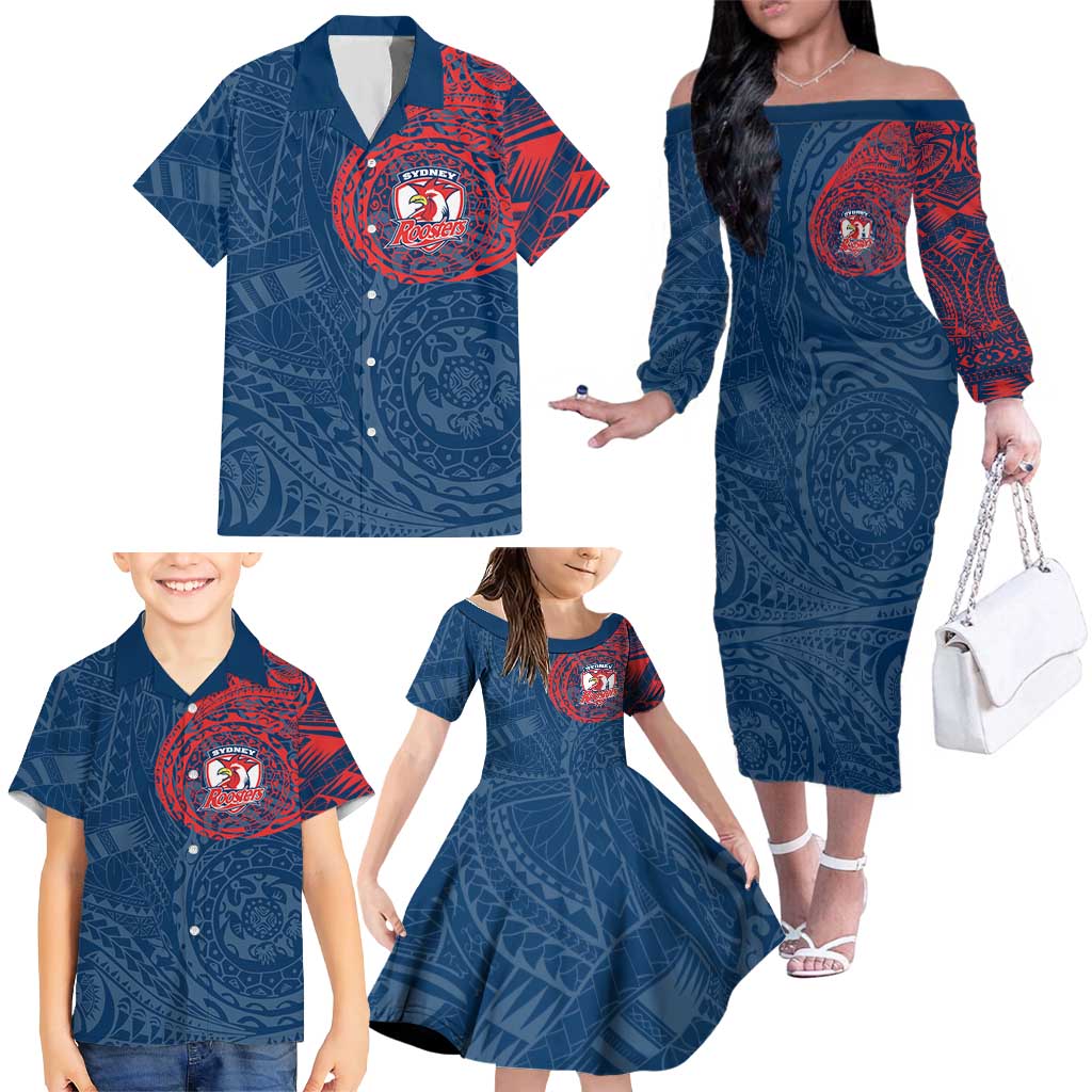 Personalized Sydney Roosters Family Matching Off The Shoulder Long Sleeve Dress and Hawaiian Shirt Polynesian Tribal Chest and Sleeve Tattoo