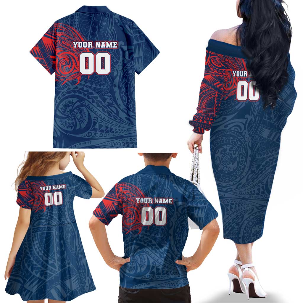 Personalized Sydney Roosters Family Matching Off The Shoulder Long Sleeve Dress and Hawaiian Shirt Polynesian Tribal Chest and Sleeve Tattoo
