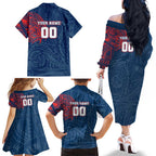 Personalized Sydney Roosters Family Matching Off The Shoulder Long Sleeve Dress and Hawaiian Shirt Polynesian Tribal Chest and Sleeve Tattoo