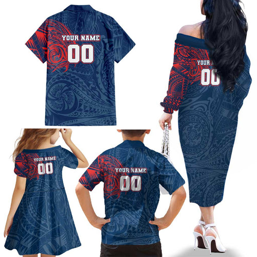 Personalized Sydney Roosters Family Matching Off The Shoulder Long Sleeve Dress and Hawaiian Shirt Polynesian Tribal Chest and Sleeve Tattoo