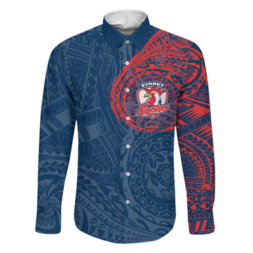 Personalized Sydney Roosters Family Matching Off The Shoulder Long Sleeve Dress and Hawaiian Shirt Polynesian Tribal Chest and Sleeve Tattoo