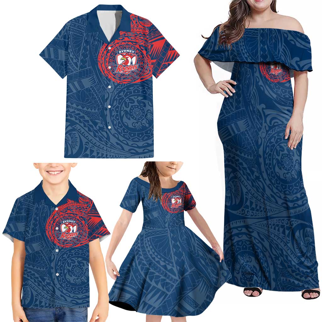 Personalized Sydney Roosters Family Matching Off Shoulder Maxi Dress and Hawaiian Shirt Polynesian Tribal Chest and Sleeve Tattoo