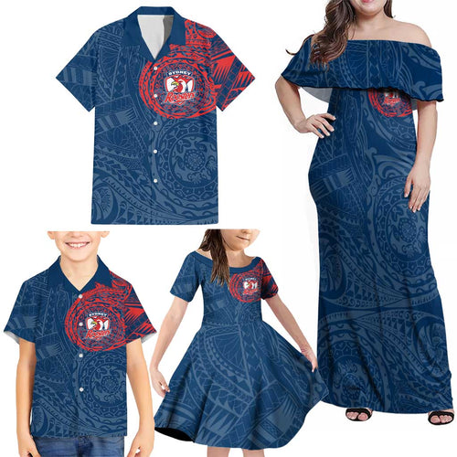 Personalized Sydney Roosters Family Matching Off Shoulder Maxi Dress and Hawaiian Shirt Polynesian Tribal Chest and Sleeve Tattoo