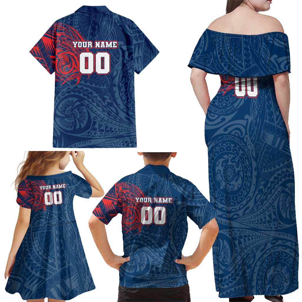 Personalized Sydney Roosters Family Matching Off Shoulder Maxi Dress and Hawaiian Shirt Polynesian Tribal Chest and Sleeve Tattoo