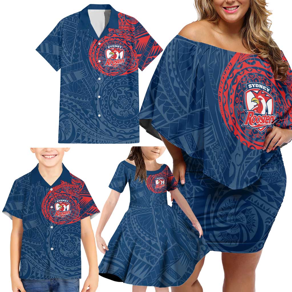 Personalized Sydney Roosters Family Matching Off Shoulder Short Dress and Hawaiian Shirt Polynesian Tribal Chest and Sleeve Tattoo