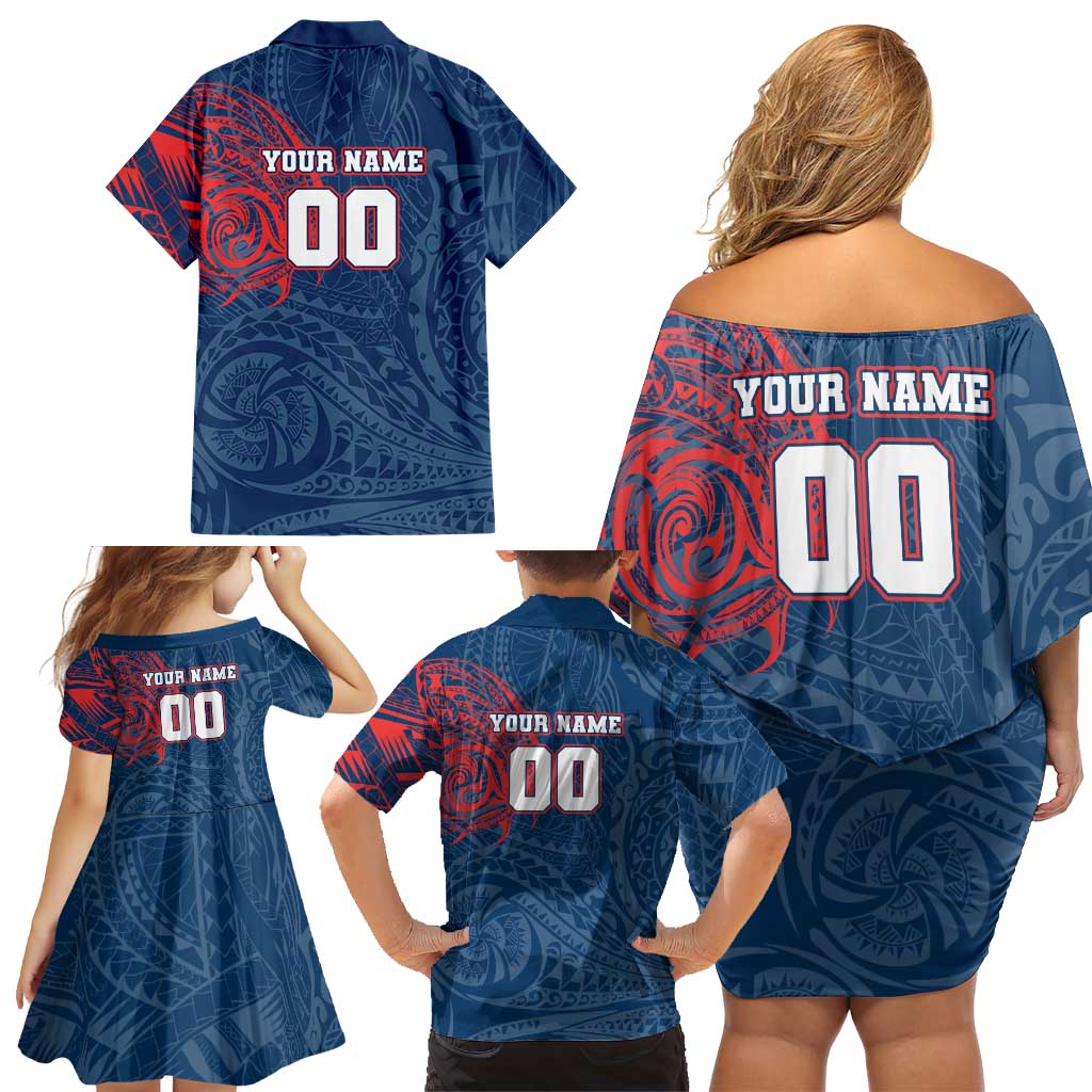 Personalized Sydney Roosters Family Matching Off Shoulder Short Dress and Hawaiian Shirt Polynesian Tribal Chest and Sleeve Tattoo