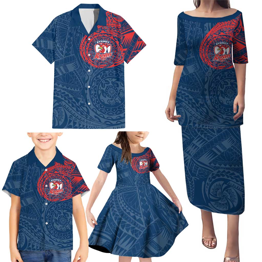 Personalized Sydney Roosters Family Matching Puletasi and Hawaiian Shirt Polynesian Tribal Chest and Sleeve Tattoo
