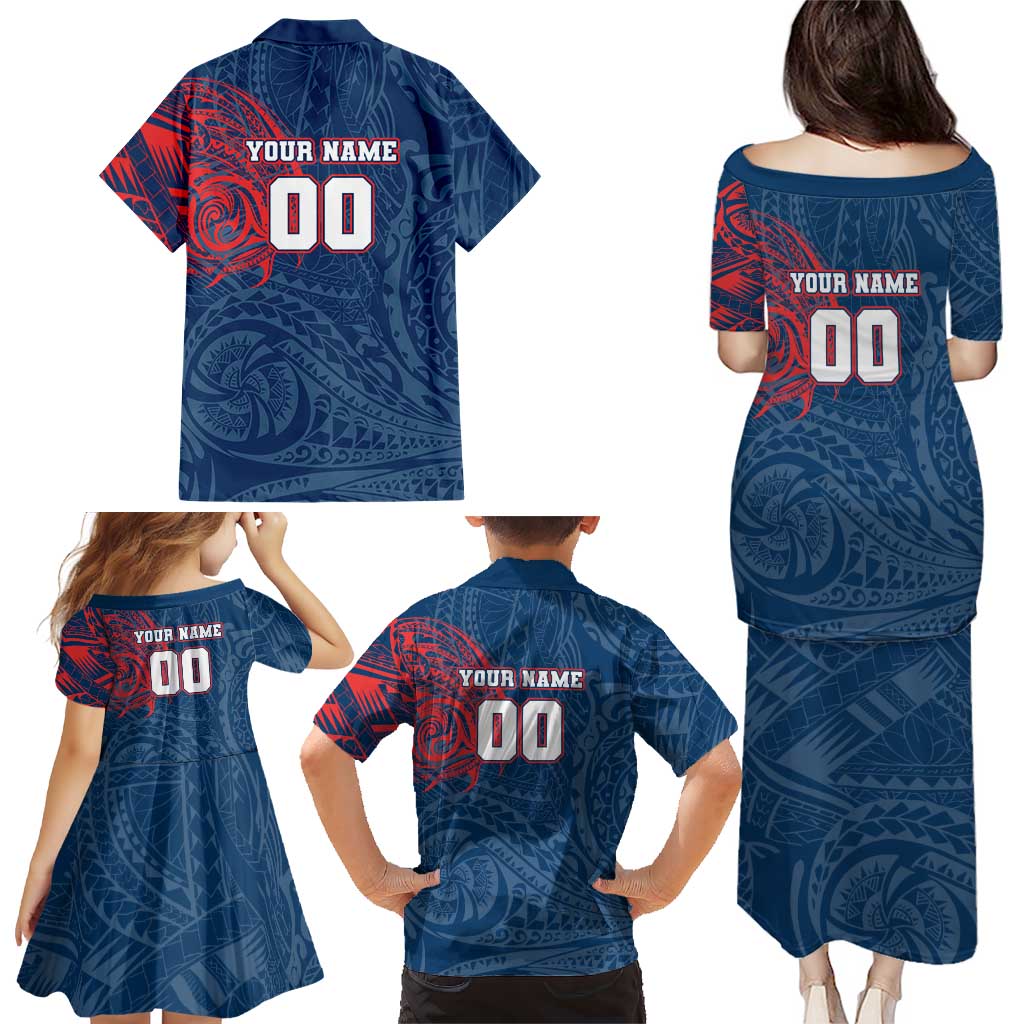 Personalized Sydney Roosters Family Matching Puletasi and Hawaiian Shirt Polynesian Tribal Chest and Sleeve Tattoo
