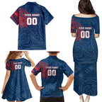 Personalized Sydney Roosters Family Matching Puletasi and Hawaiian Shirt Polynesian Tribal Chest and Sleeve Tattoo