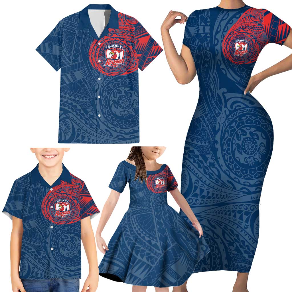 Personalized Sydney Roosters Family Matching Short Sleeve Bodycon Dress and Hawaiian Shirt Polynesian Tribal Chest and Sleeve Tattoo