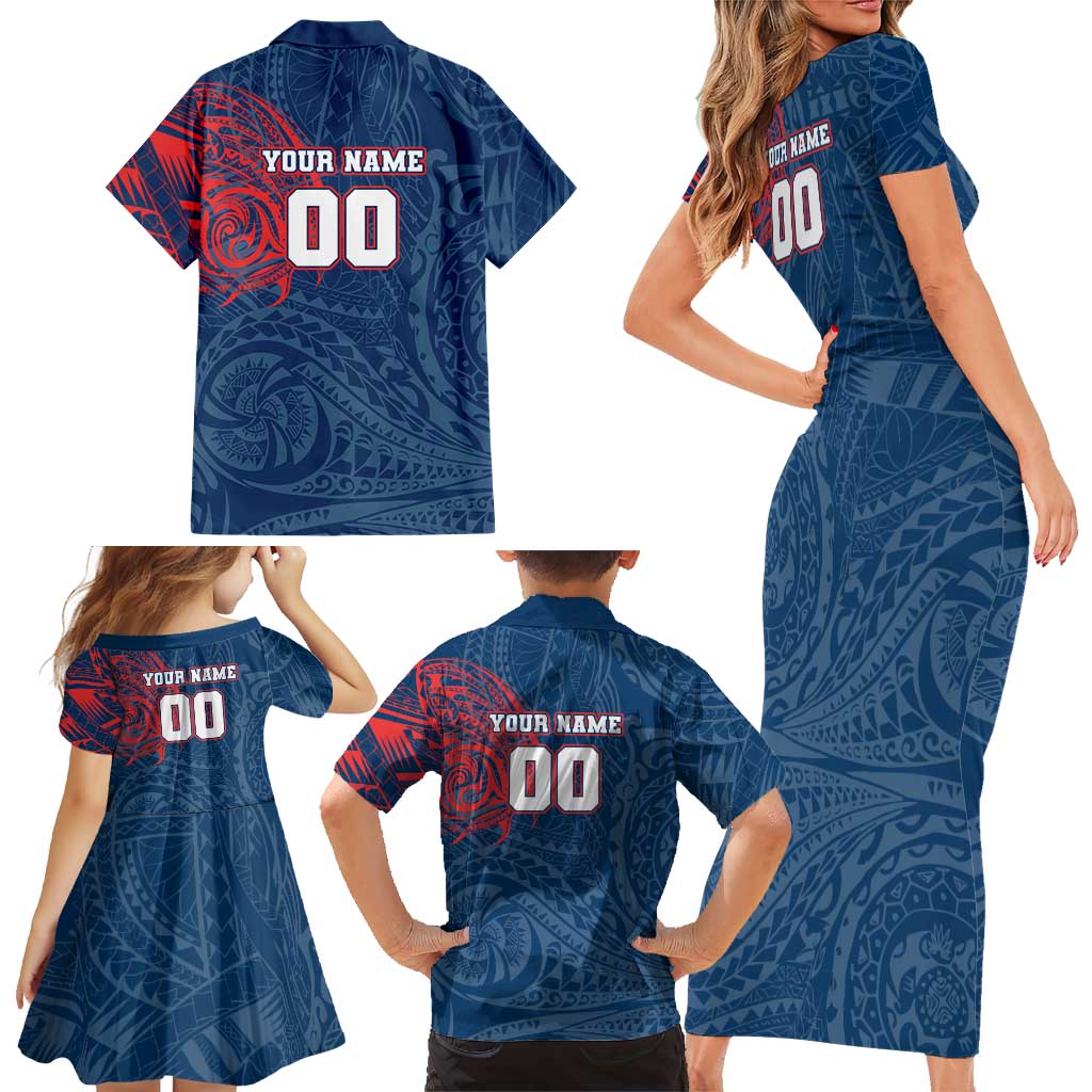 Personalized Sydney Roosters Family Matching Short Sleeve Bodycon Dress and Hawaiian Shirt Polynesian Tribal Chest and Sleeve Tattoo