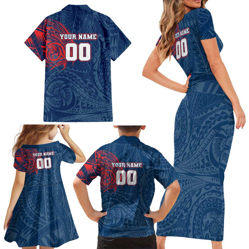 Personalized Sydney Roosters Family Matching Short Sleeve Bodycon Dress and Hawaiian Shirt Polynesian Tribal Chest and Sleeve Tattoo