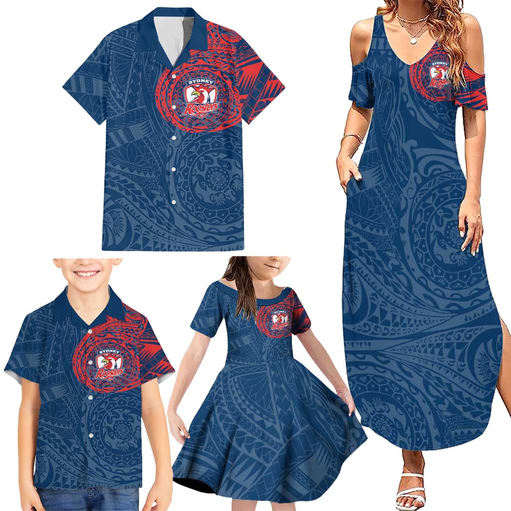 Personalized Sydney Roosters Family Matching Summer Maxi Dress and Hawaiian Shirt Polynesian Tribal Chest and Sleeve Tattoo