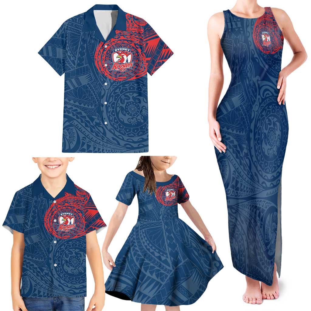 Personalized Sydney Roosters Family Matching Tank Maxi Dress and Hawaiian Shirt Polynesian Tribal Chest and Sleeve Tattoo